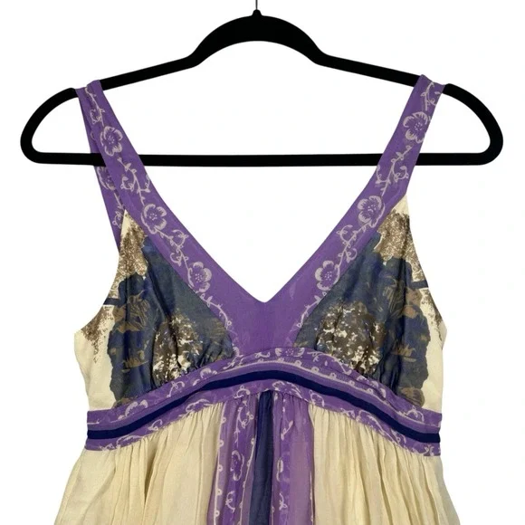 Anthropologie x Lil 100% Silk, Ivory and Purple Floral Dress, Size‎ 2-4 - Picture 2 of 13
